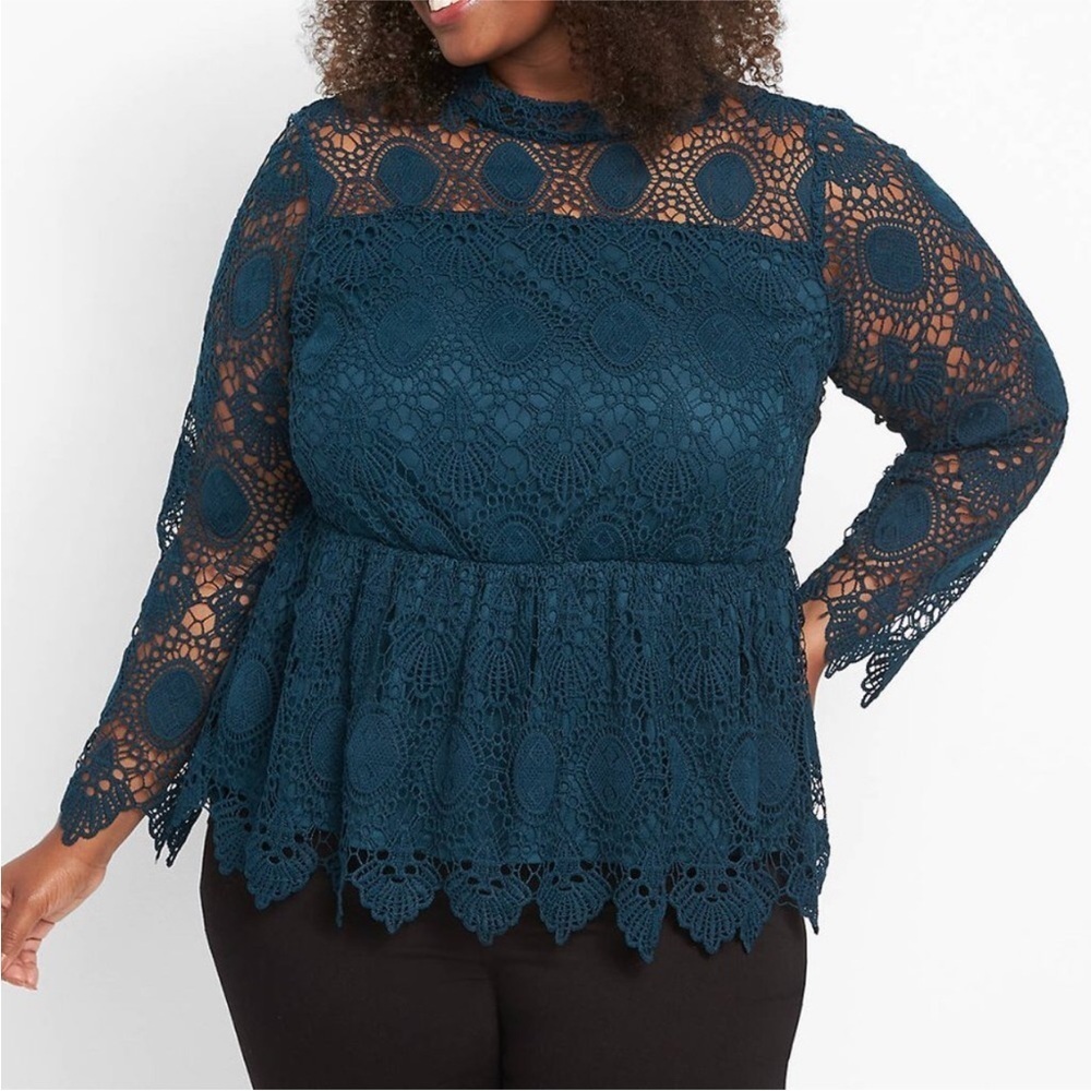 Lane Bryant Crochet Lace Peplum Tunic Top Women’s Mock Neck Blouse Dark Teal